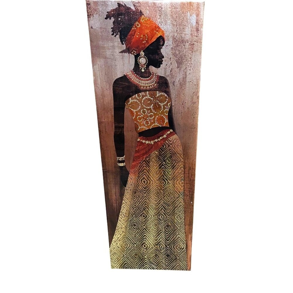 Unbranded African Woman Canvas Wall Art Orange Brown Excellent Beaded Sequin